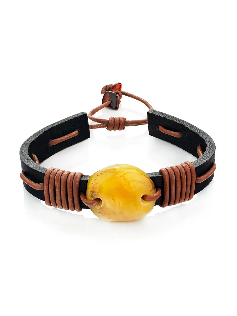 картинка Стильный браслет «Копакабана» из кожи и натурального янтаря в онлайн магазине