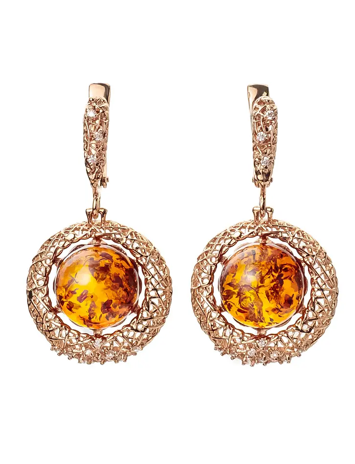 картинка Яркие золотые серьги с натуральным коньячным янтарём и кристаллами «Венера» в онлайн магазине