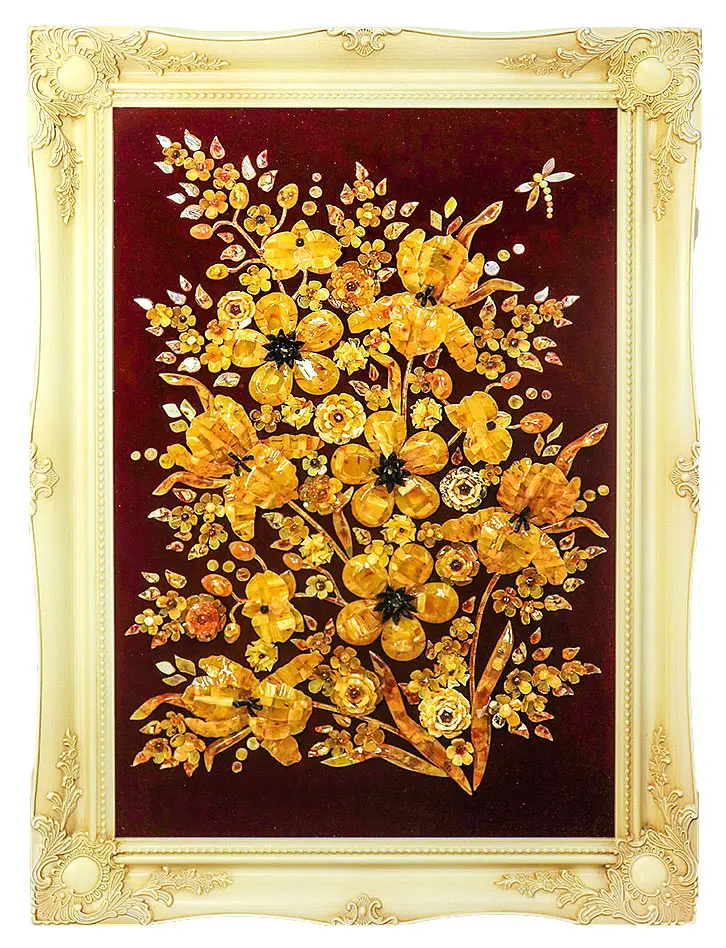 картинка Роскошная картина из натурального янтаря на бордовом бархате «Букет орхидей» в онлайн магазине