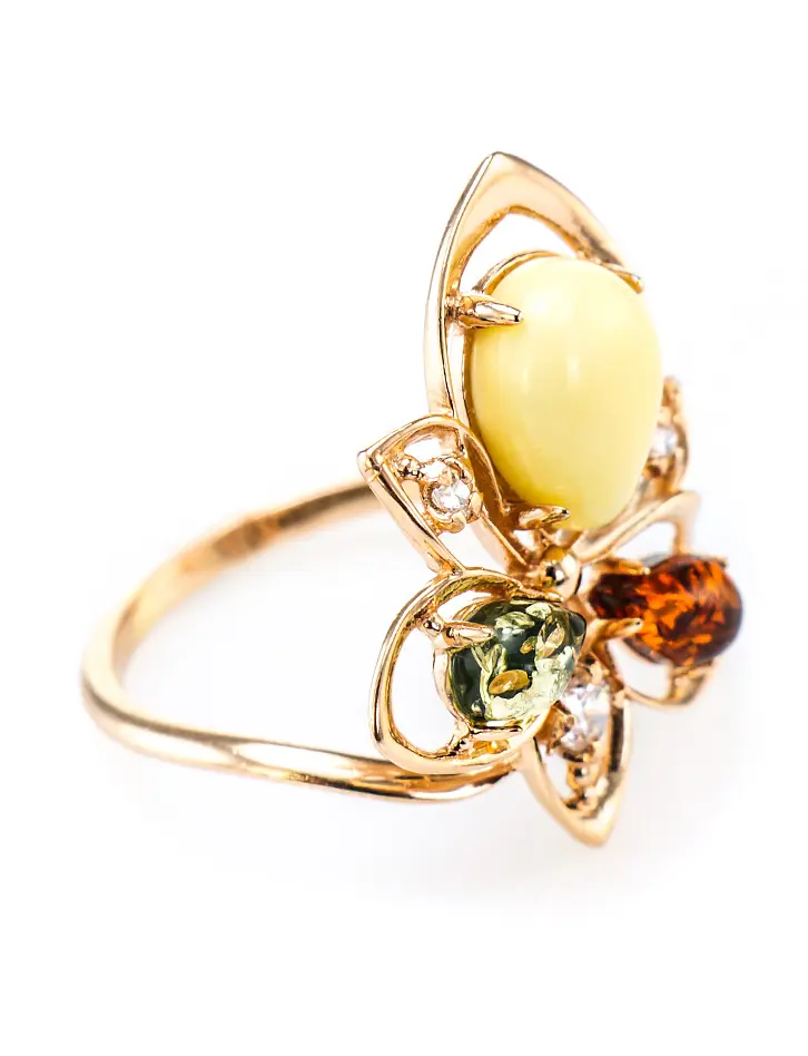 картинка Роскошное золотое кольцо с фианитами и натуральным янтарём «Эдельвейс» в онлайн магазине