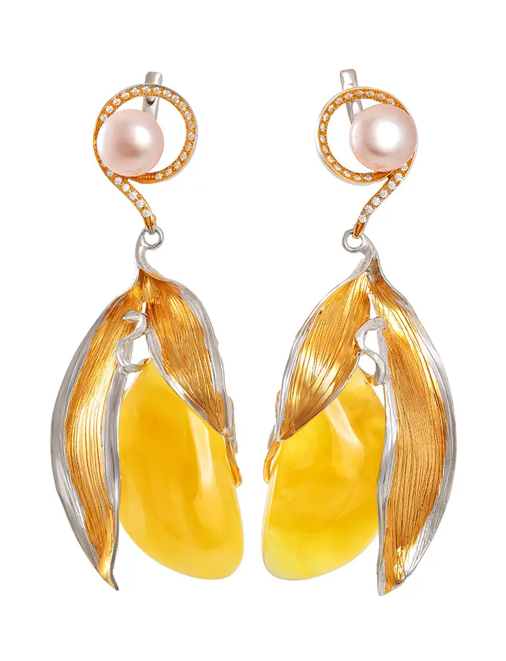 картинка Роскошные серьги из позолоченного серебра с натуральным янтарём и жемчугом «Версаль» в онлайн магазине