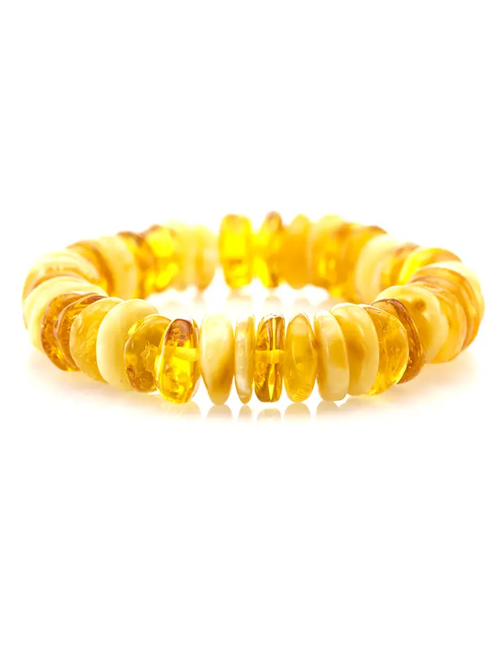 картинка Яркий браслет из натурального балтийского янтаря медового и лимонного цветов «Шайба двухцветная» в онлайн магазине