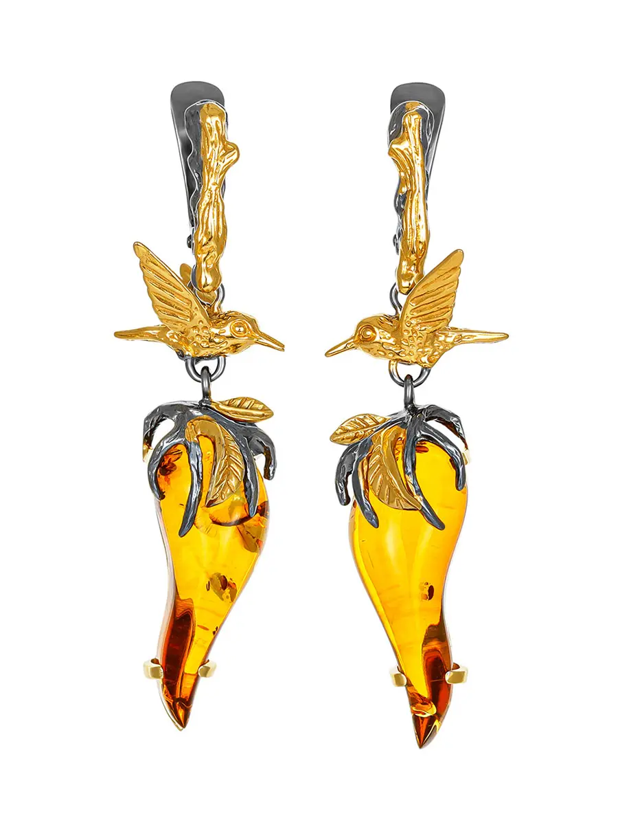 картинка Удивительные серьги «Колибри» из натурального цельного янтаря в золочёной оправе в онлайн магазине