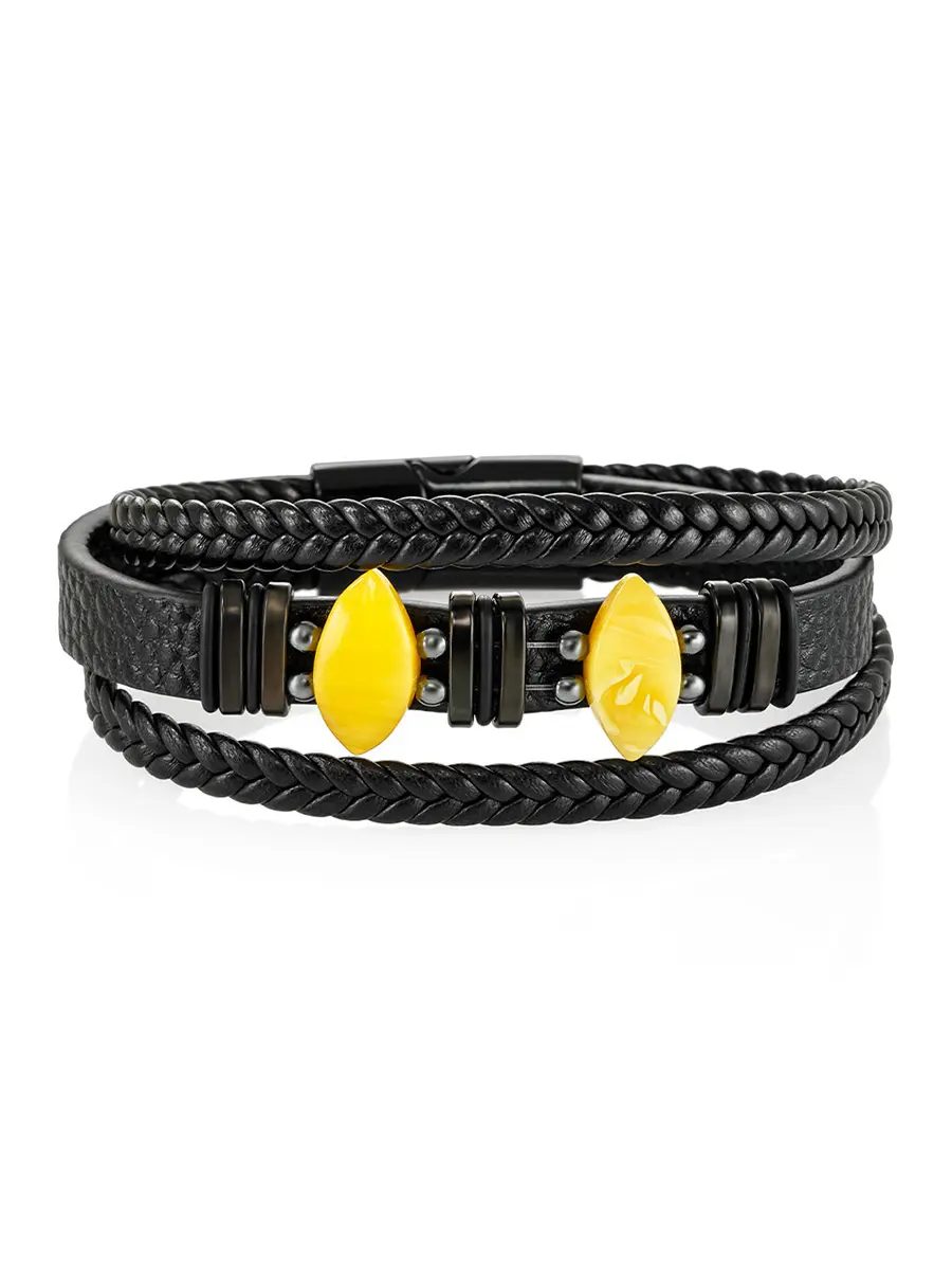 картинка Стильный браслет из кожи, украшенный натуральным янтарём «Сильверстоун» в онлайн магазине
