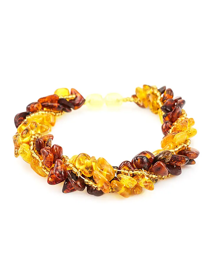 картинка Стильный плетеный браслет из натурального янтаря золотисто-лимонного и вишневого цветов с бисером «Жгут» в онлайн магазине