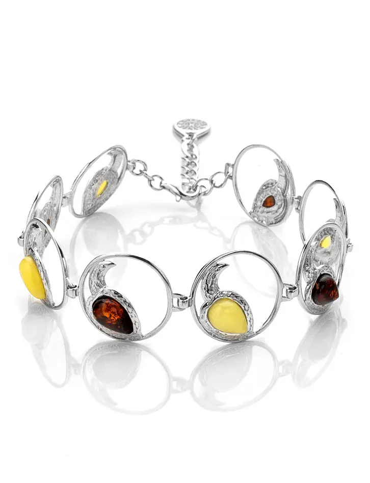картинка Ажурный браслет из серебра и натурального янтаря двух цветов «Лирика» в онлайн магазине