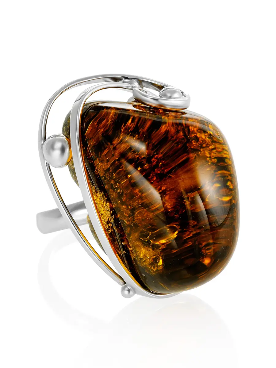 картинка Крупное кольцо с натуральным искрящимся янтарём необычного оттенка «Риальто» в онлайн магазине