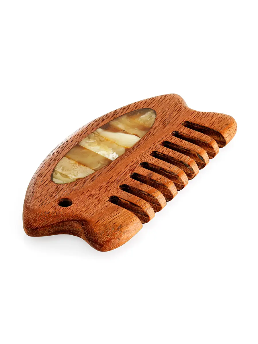 картинка Плоская расчёска-гребень из дерева и натурального балтийского янтаря в онлайн магазине