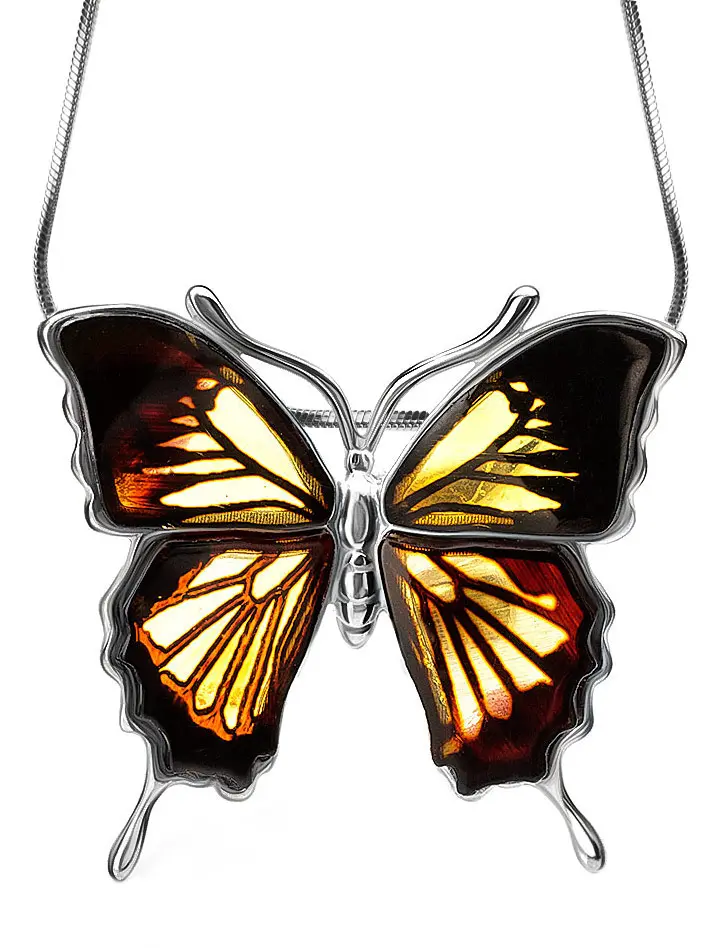 картинка Эффектная подвеска в виде бабочки из натурального янтаря и серебра «Апрель» в онлайн магазине