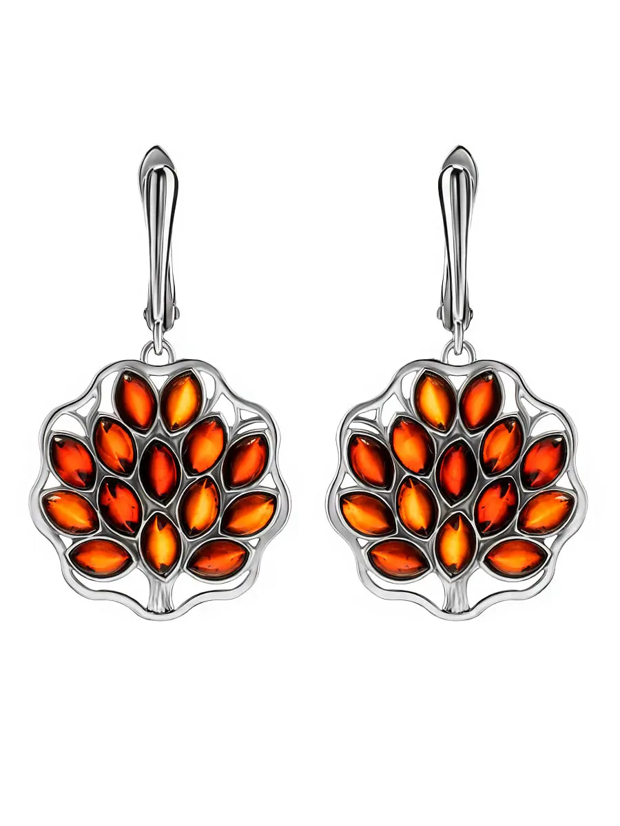 картинка Яркие серебряные серьги с натуральным янтарем вишнёвого цвета «Древо жизни» в онлайн магазине