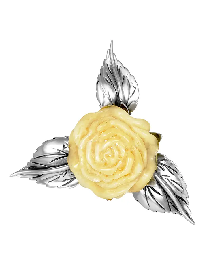 картинка Крупная брошь «Роза» из серебра и натурального янтаря медового цвета в онлайн магазине