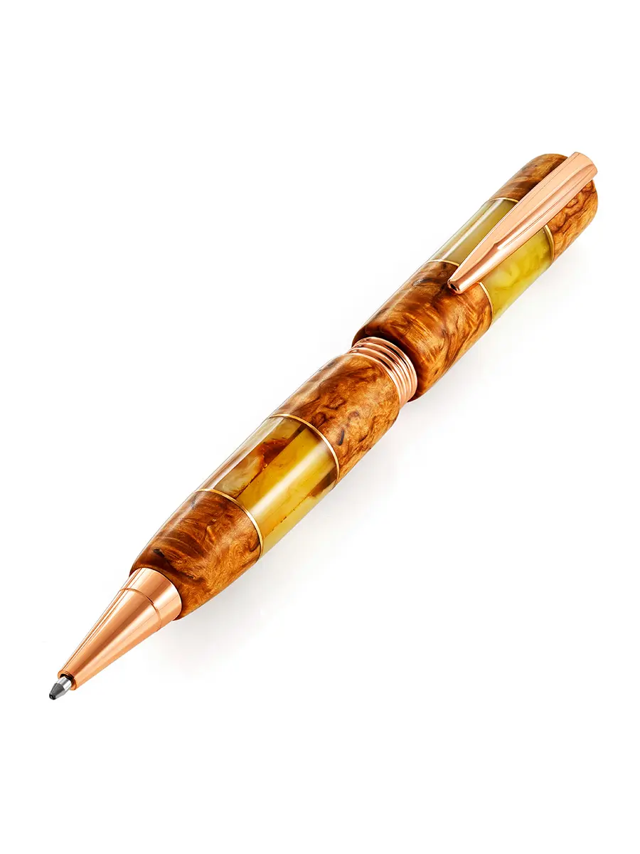картинка Шариковая ручка из сувели карельской березы и натурального янтаря в онлайн магазине