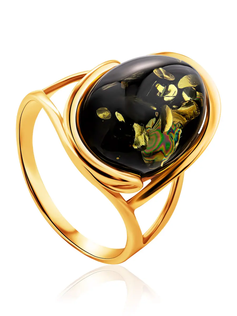 картинка Яркое кольцо из золота с натуральным янтарём зелёного цвета «Штраус» в онлайн магазине