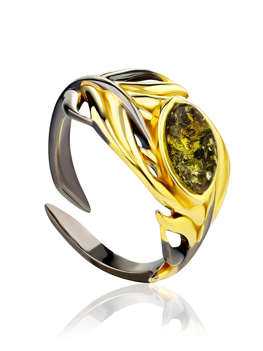 картинка Яркое красивое кольцо «Пёрышко» с янтарём зелёного цвета в онлайн магазине