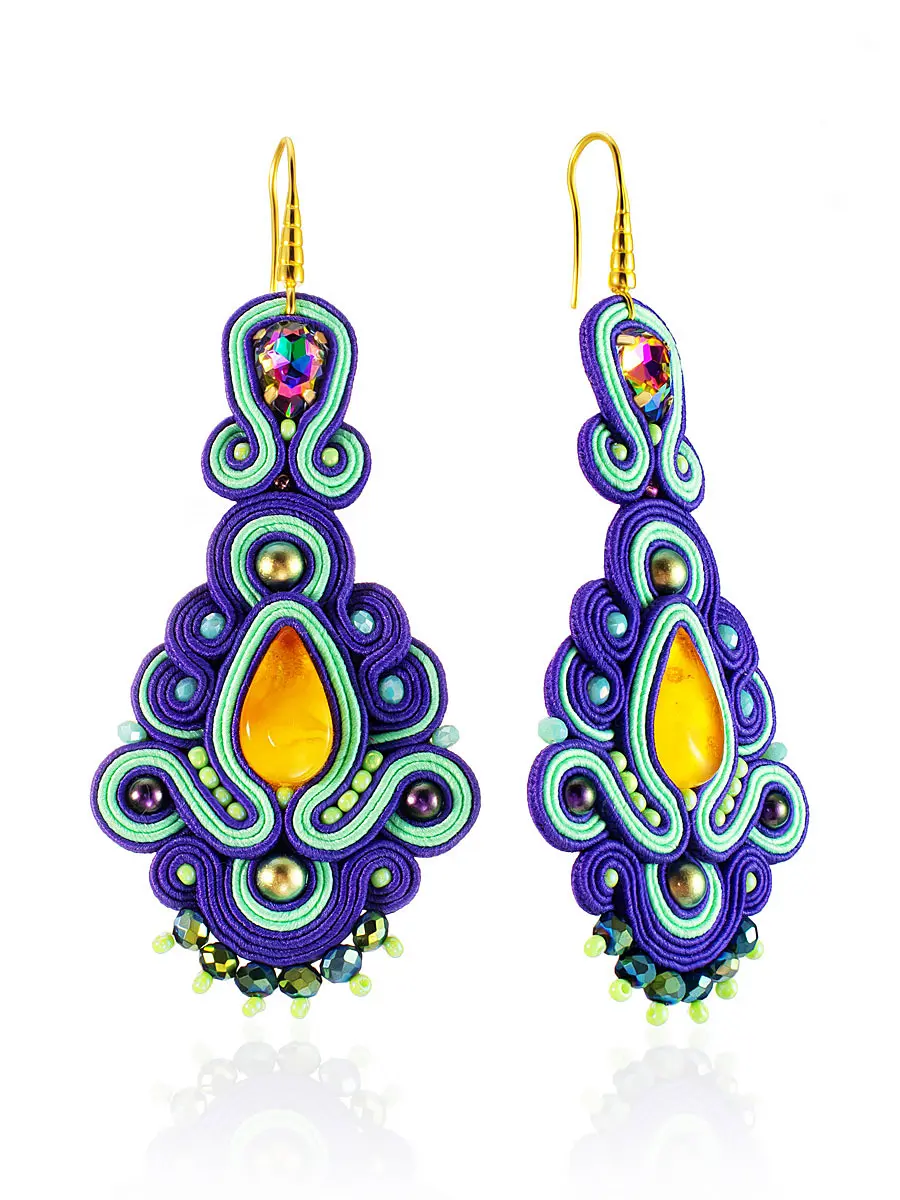 картинка Яркие серьги ручной работы с натуральным янтарём и кристаллами «Индия» в онлайн магазине