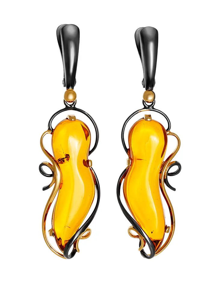 картинка Нарядные серьги из позолоченного серебра с натуральным янтарём коньячного цвета «Риальто» в онлайн магазине
