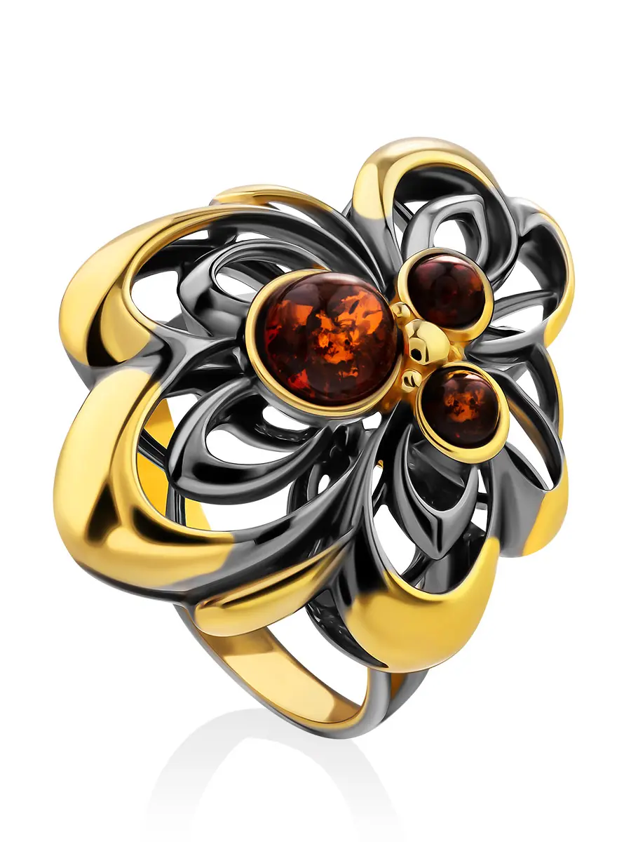 картинка Эффектное кольцо с натуральным коньячным янтарём «Софора» в онлайн магазине