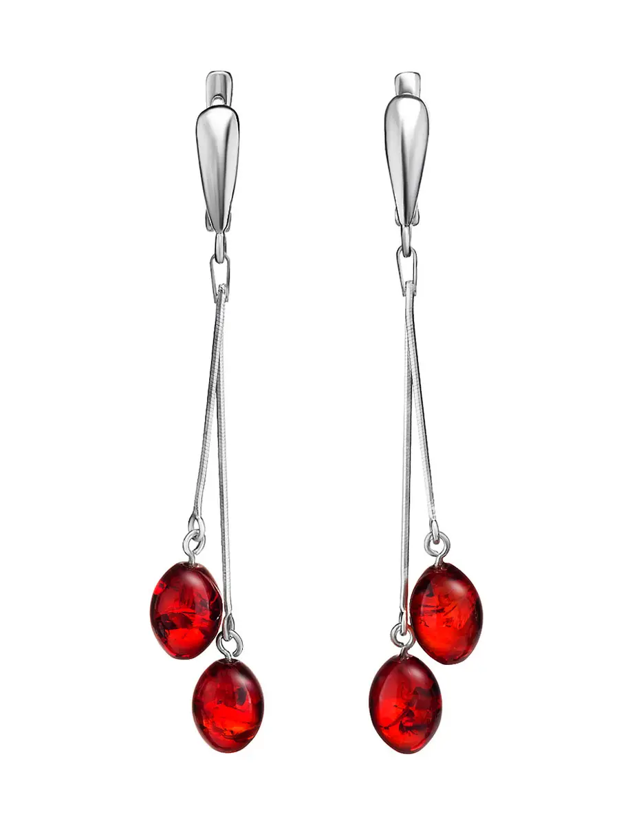 картинка Яркие длинные серьги из янтаря красного цвета и серебра «Рябина» в онлайн магазине
