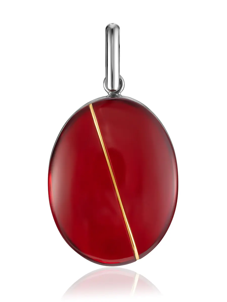 картинка Эффектный овальный кулон «Сангрил» с натуральным янтарём красного цвета в онлайн магазине