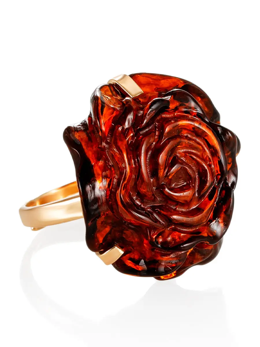 картинка Женственное кольцо с натуральным резным янтарём «Роза» в онлайн магазине