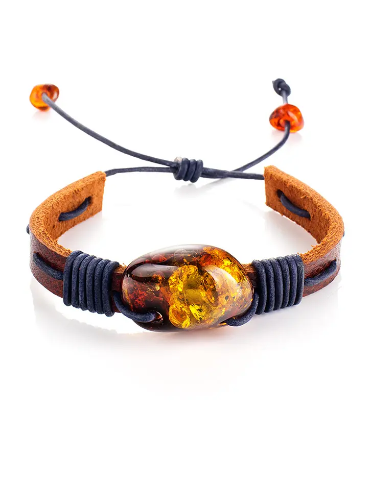 картинка Неширокий кожаный браслет с натуральным искрящимся янтарём «Копакабана» в онлайн магазине