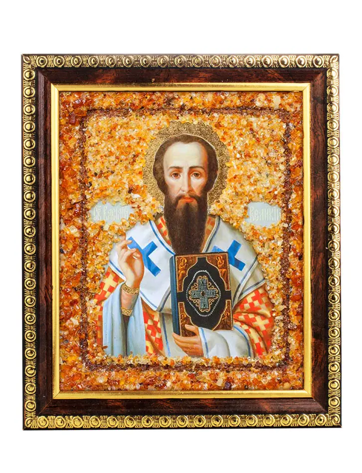картинка Именная икона, украшенная янтарём «Святой Василий Великий» в онлайн магазине