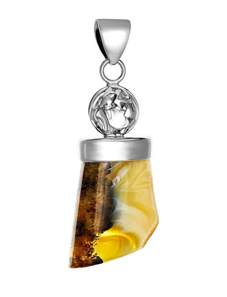 картинка Стильный кулон из янтаря с удивительной природной текстурой в серебре в онлайн магазине