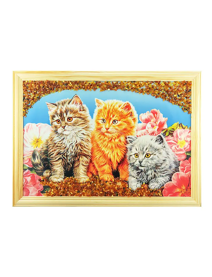 картинка Горизонтальная картина «Котята в цветах», украшенная янтарём  в онлайн магазине