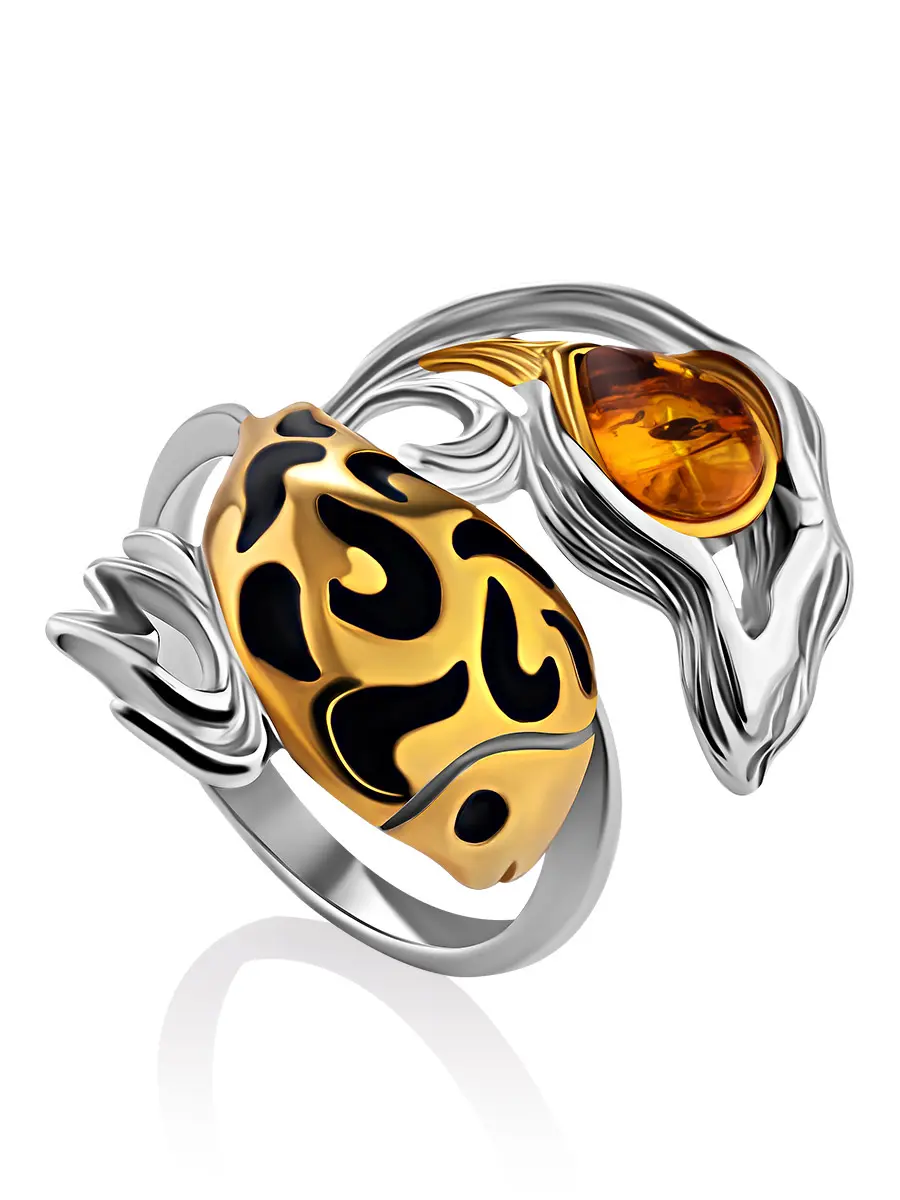 картинка Оригинальное кольцо «Рыбка» из серебра с позолотой и натурального янтаря в онлайн магазине