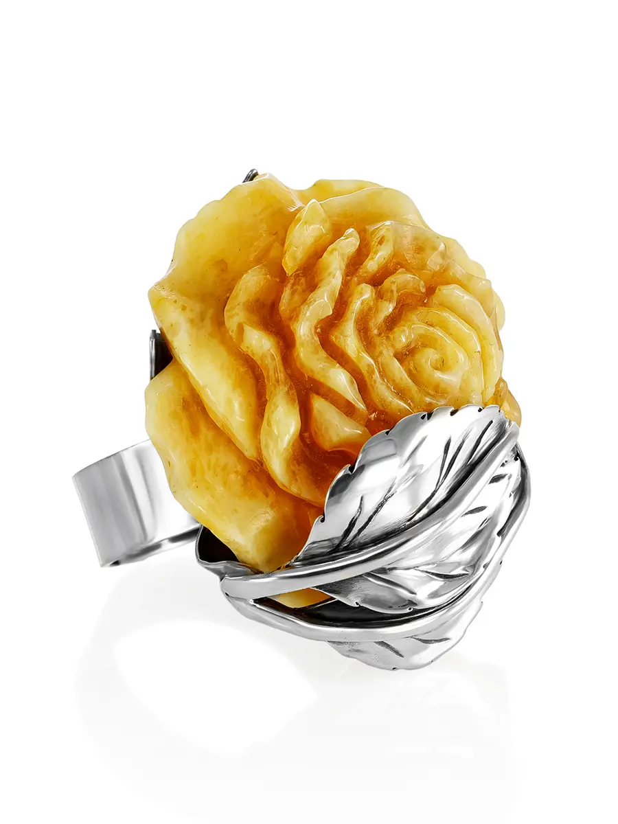 картинка Роскошное кольцо из серебра и натурального янтаря медового цвета «Роза» в онлайн магазине