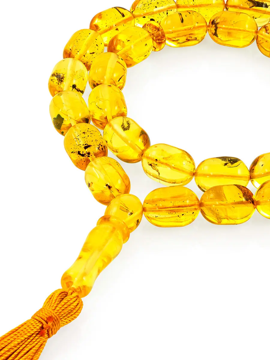 картинка Чётки из натурального текстурного янтаря с инклюзами на 33 бусины в форме бочонков в онлайн магазине
