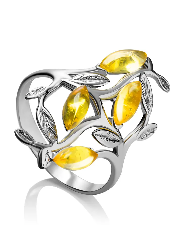 картинка Изящное ажурное кольцо из лимонного янтаря «Тропиканка» в онлайн магазине