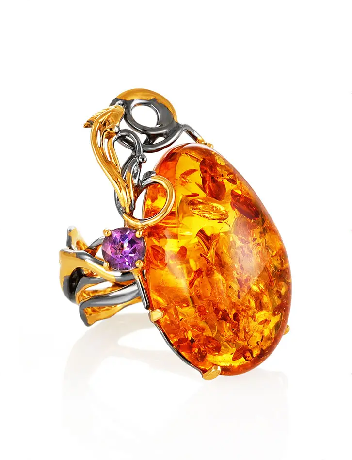 картинка Изысканное кольцо из натурального янтаря в серебре с позолотой «Версаль» в онлайн магазине
