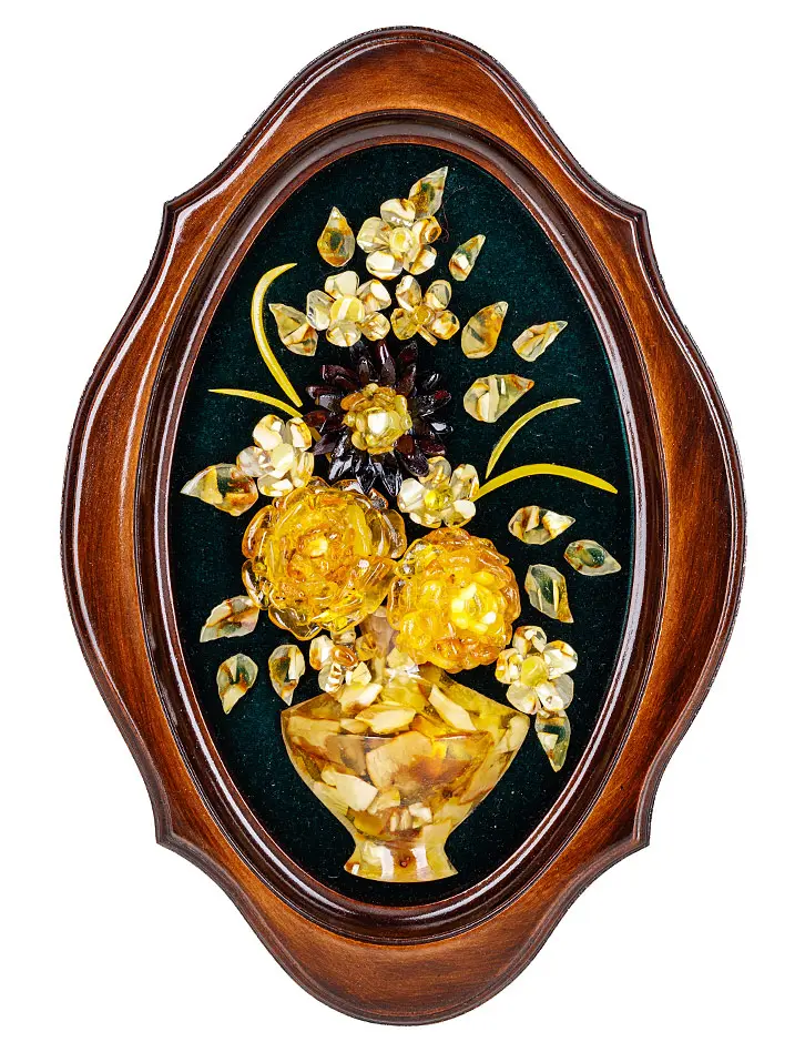 картинка Небольшая яркая картина на бархате из натурального янтаря «Букет с астрой» 32 х 22 см в онлайн магазине