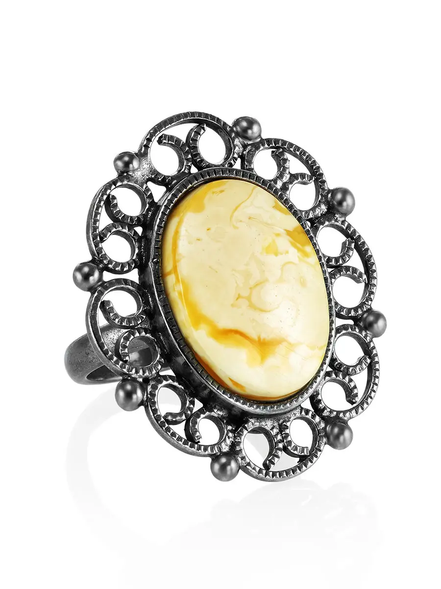картинка Великолепный перстень «Винтаж» в антикварном дизайне с натуральным медовым янтарём в онлайн магазине