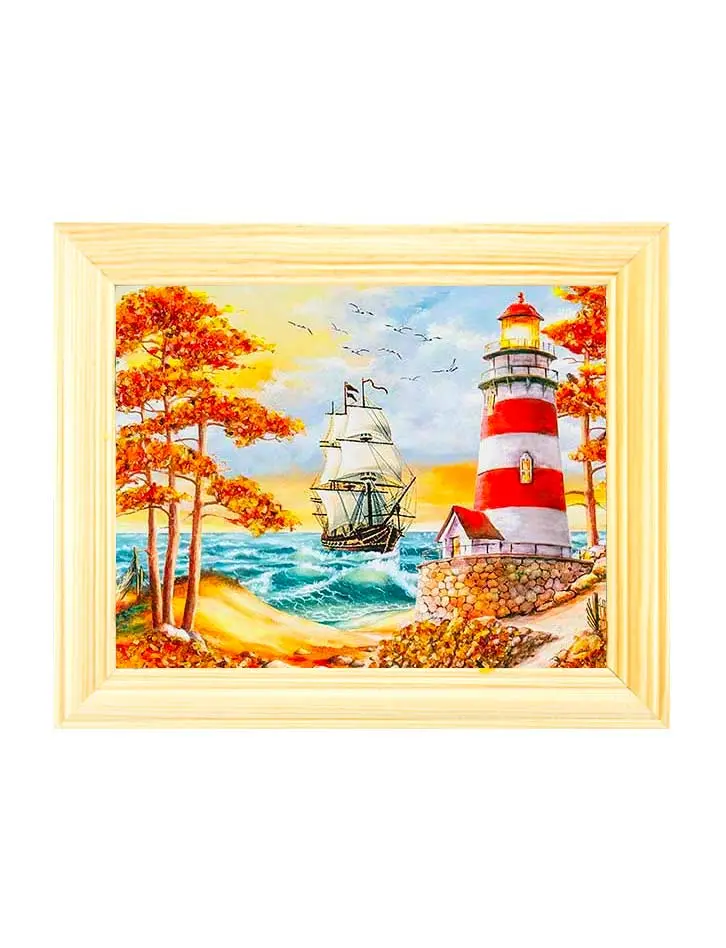 картинка Маринистический пейзаж, украшенный натуральным янтарём «Фрегат» 15 см (В) х 17 см (Ш) в онлайн магазине