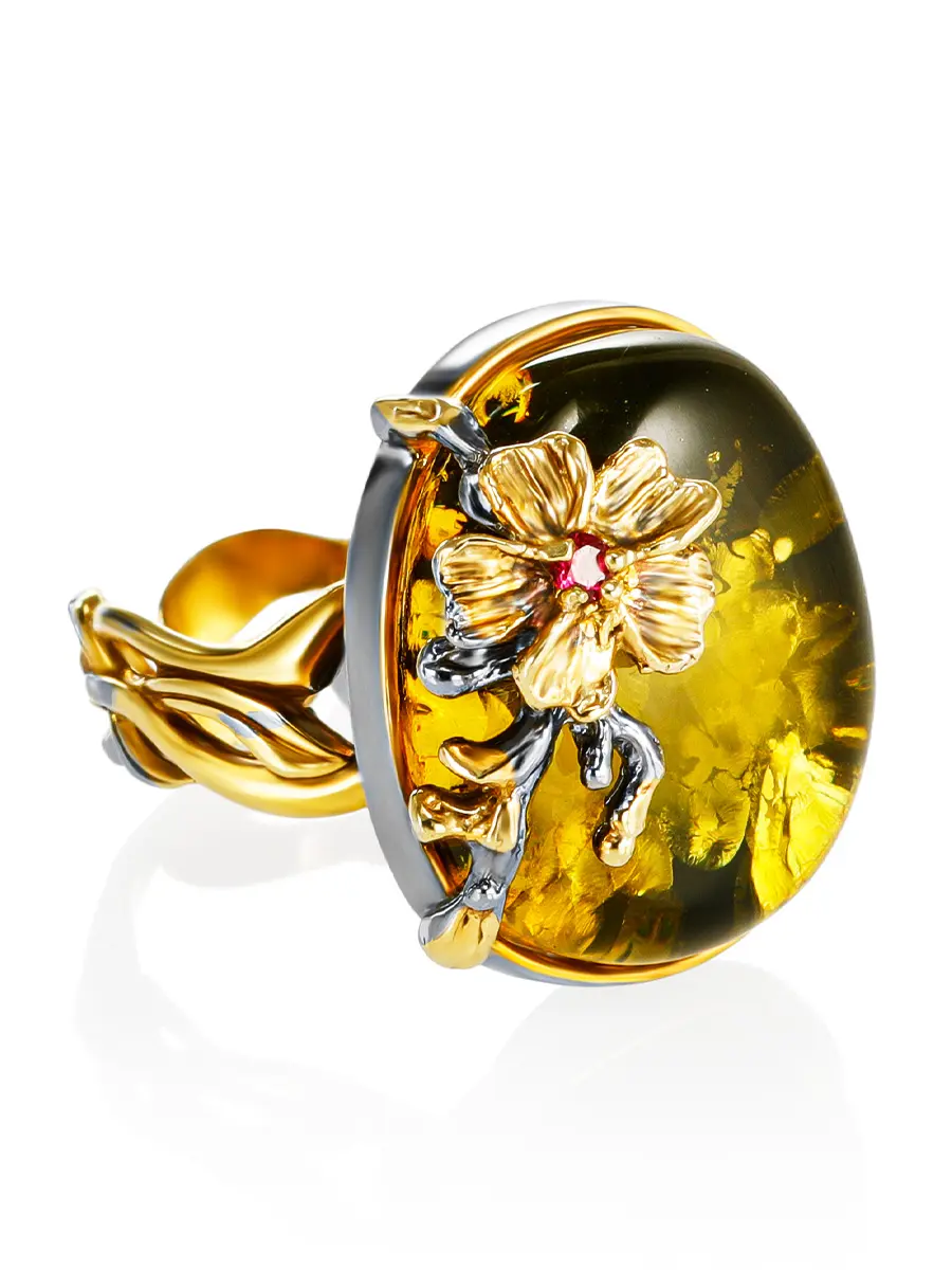 картинка Яркое эффектное кольцо «Версаль», украшенное зелёным янтарём и фианитом в онлайн магазине
