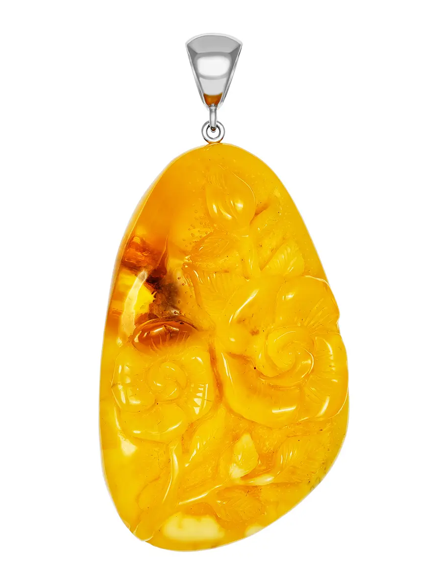 картинка Роскошный крупный кулон из натурального янтаря медового цвета «Роза» в онлайн магазине