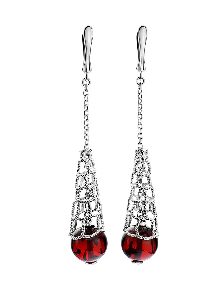 картинка Яркие стильные серьги «Паутинка» из серебра и вишнёвого янтаря в онлайн магазине