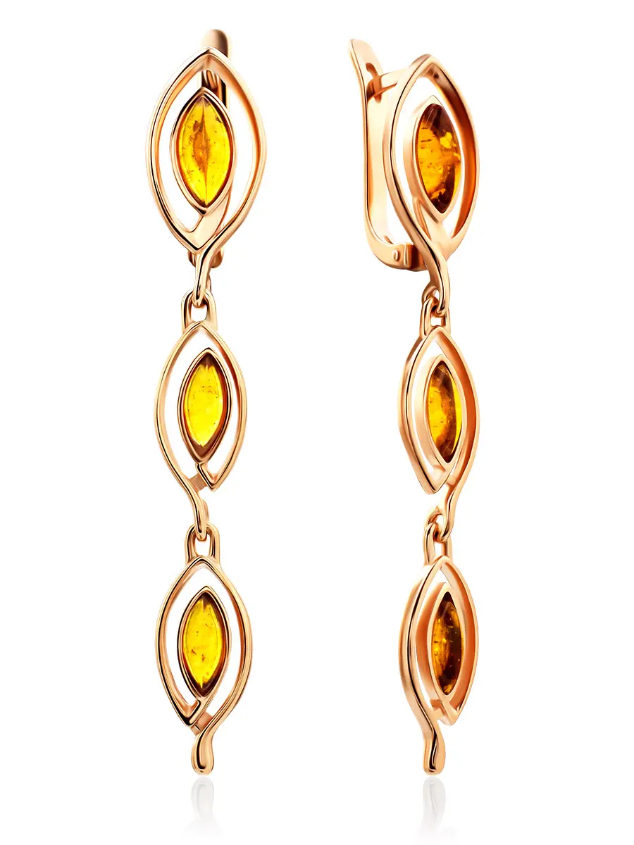 картинка Изысканные удлинённые серьги «Фиори» из позолоченного серебра и янтаря в онлайн магазине