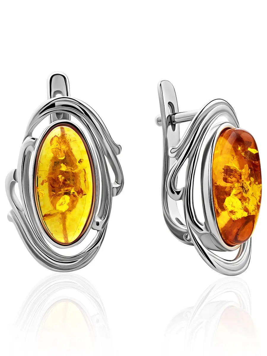 картинка Серьги из серебра с натуральным сверкающим янтарем золотисто-коньячного цвета «Нирвана» в онлайн магазине