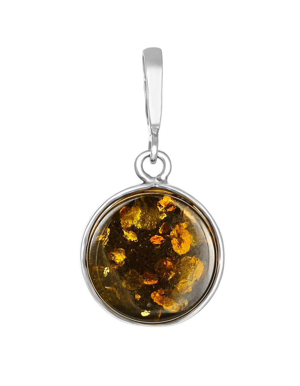 картинка Круглый кулон «Фурор» с тёмно-зелёным янтарём в онлайн магазине