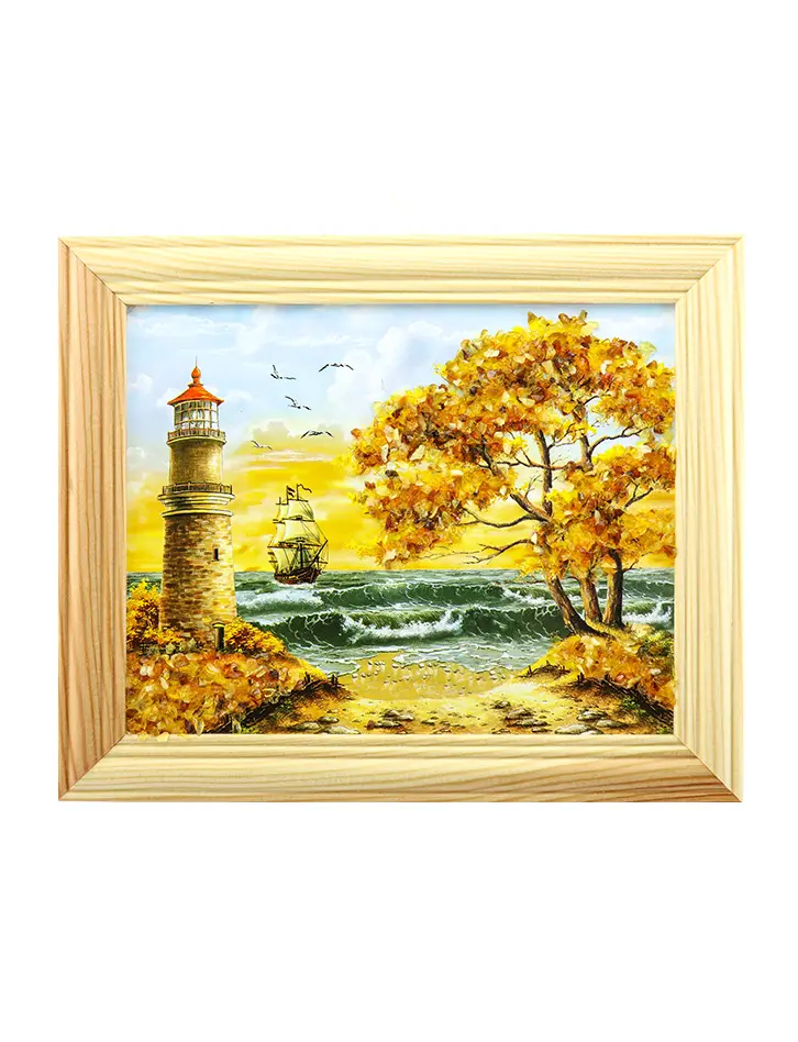 картинка Небольшое горизонтальное панно, украшенное натуральным янтарем «Бурное море» в онлайн магазине