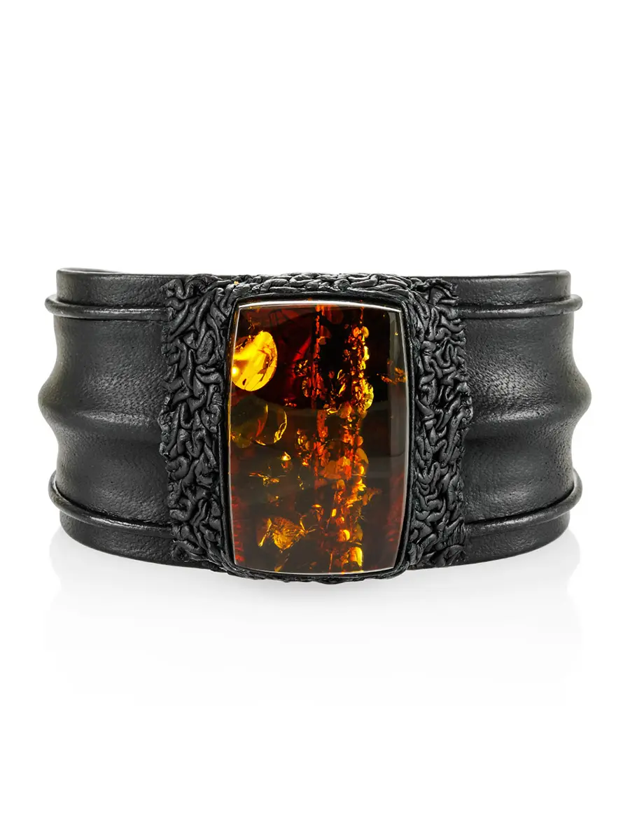 картинка Роскошный браслет «Нефертити» из чёрной кожи и натурального янтаря в онлайн магазине