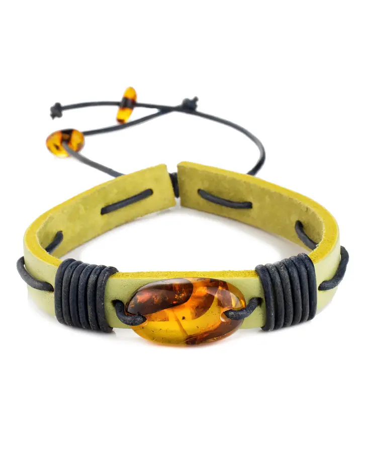 картинка Яркий кожаный браслет с натуральным цельным янтарём «Копакабана» в онлайн магазине