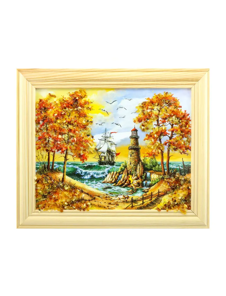 картинка «Маяк на острове». Небольшая картина горизонтального формата, украшенная янтарем в онлайн магазине