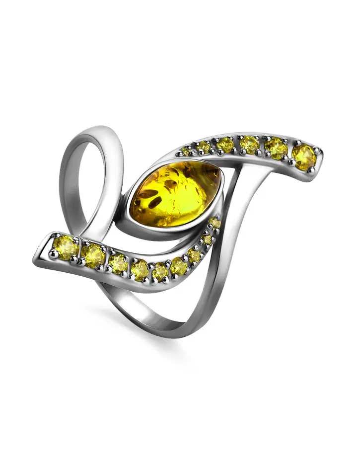 картинка Изящное серебряное кольцо с лимонным янтарём и фианитами «Ренессанс» в онлайн магазине