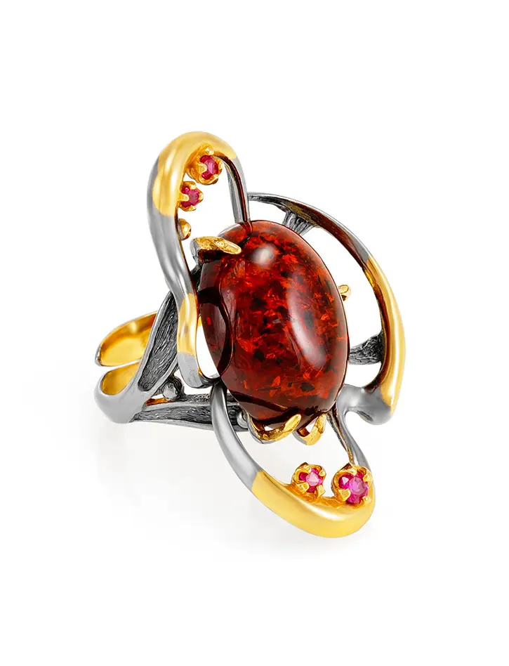 картинка Крупное вечернее кольцо «Помпадур» с натуральным коньячным янтарём в онлайн магазине