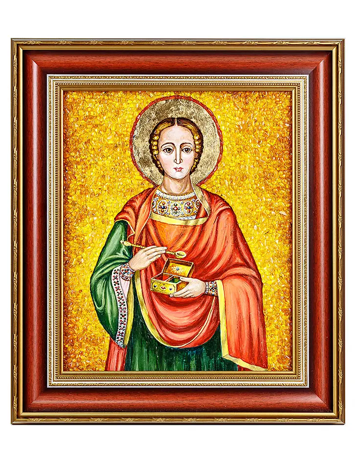 картинка Икона «Святой целитель Пантелеймон», украшенная натуральным балтийским янтарём в онлайн магазине