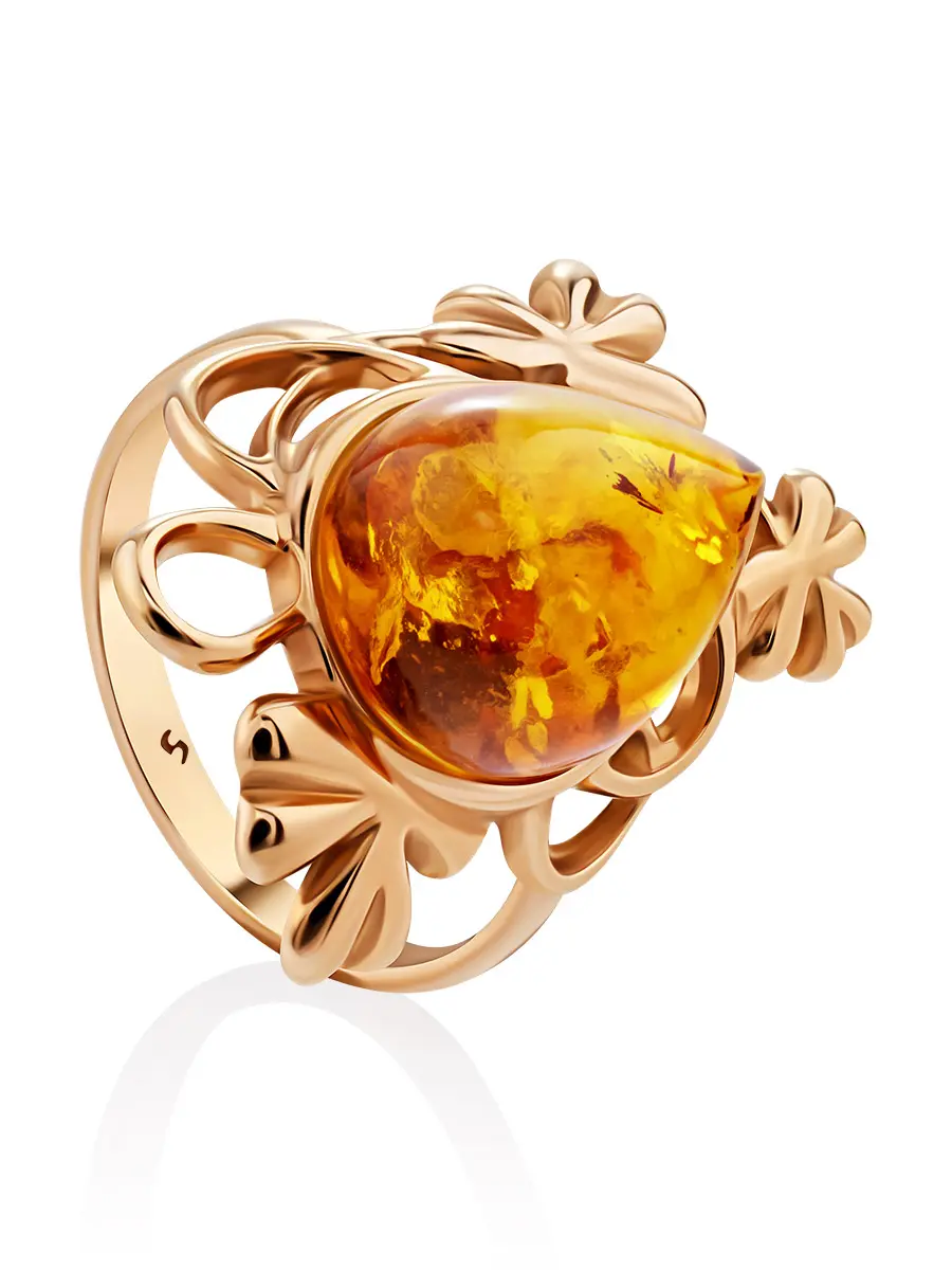 картинка Красивое крупное кольцо из позолоченного серебра и янтаря «Примула» в онлайн магазине